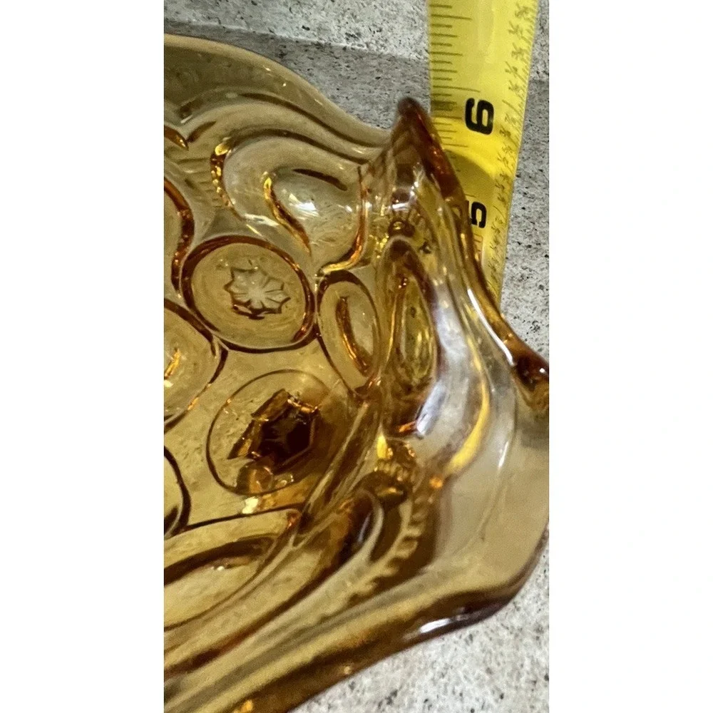 Amber Moon and Stars Pedestal Compote Candy Dish Ruffled Lip Vtg L E Smith 6